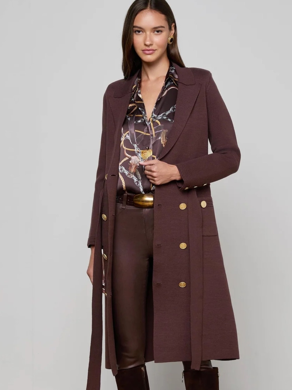 L’AGENCE Isabel Knit Coat Dark Brown and Gold